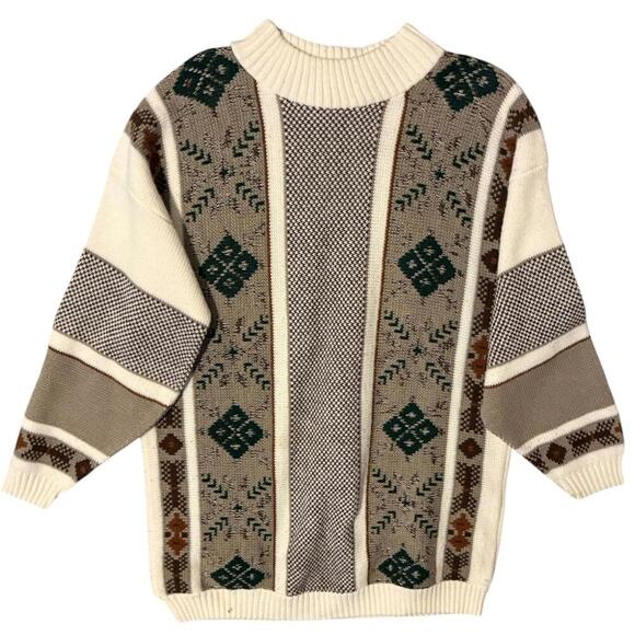 Clifton Place Vintage Geometric Knit Sweater Made in USA Beige Brown Green Large - Picture 3 of 7
